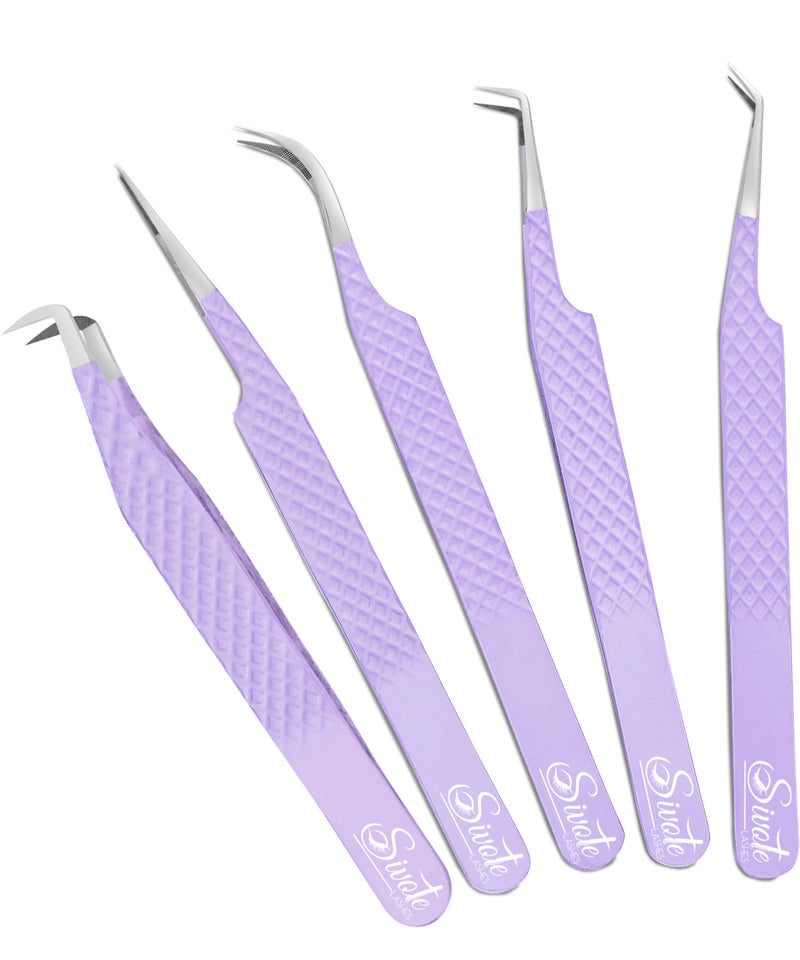 SIVOTE Lash Tweezers for Eyelash Extensions Pack of 5 Purple  Lash Extension Tweezers Set with Diamond Grip Precision Fiber Tip for Volume Eyelash Extensions